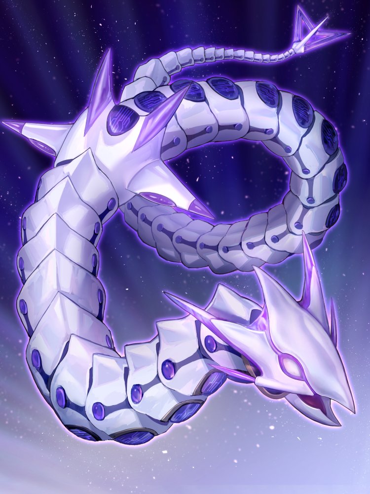 cyber_dragon_vier, dragon, duel_monster, full_body, glowing, gradient, gradient_background, light_particles, machinery, metal, no_humans, nodo_sn, purple_theme, simple_background, snake, wire, yu-gi-oh!, yu-gi-oh!_gx