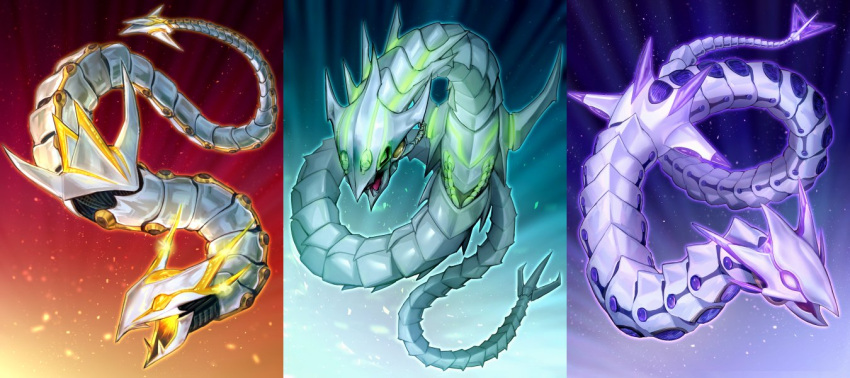 cyber_dragon_drei, cyber_dragon_vier, cyber_dragon_zwei, dragon, duel_monster, full_body, glowing, gradient