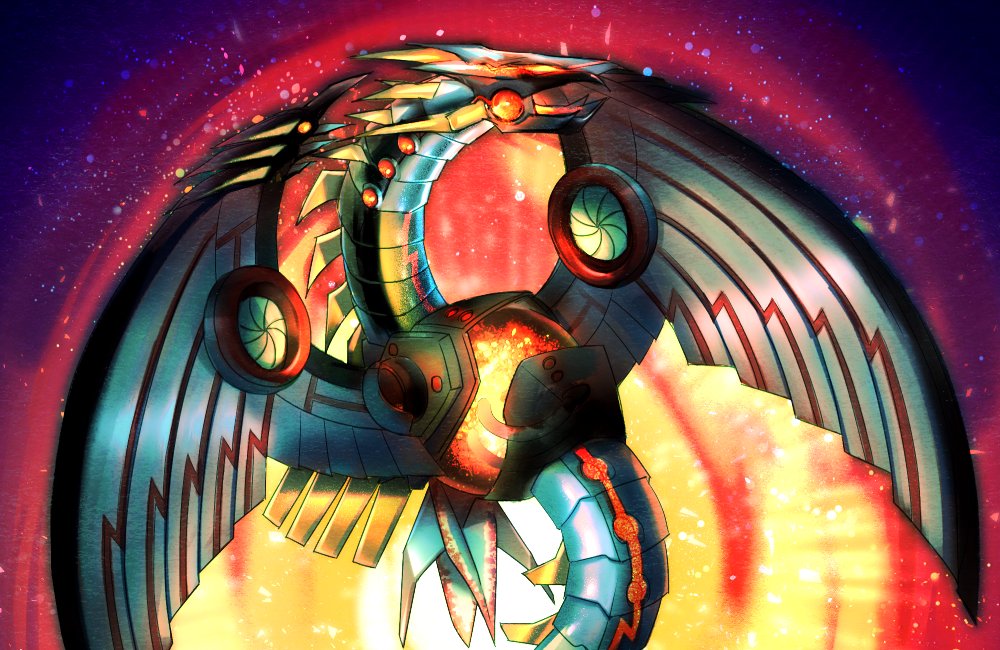cyber_dragon_infinity, dragon, duel_monster, glowing, gradient, gradient_background, light_particles, machinery