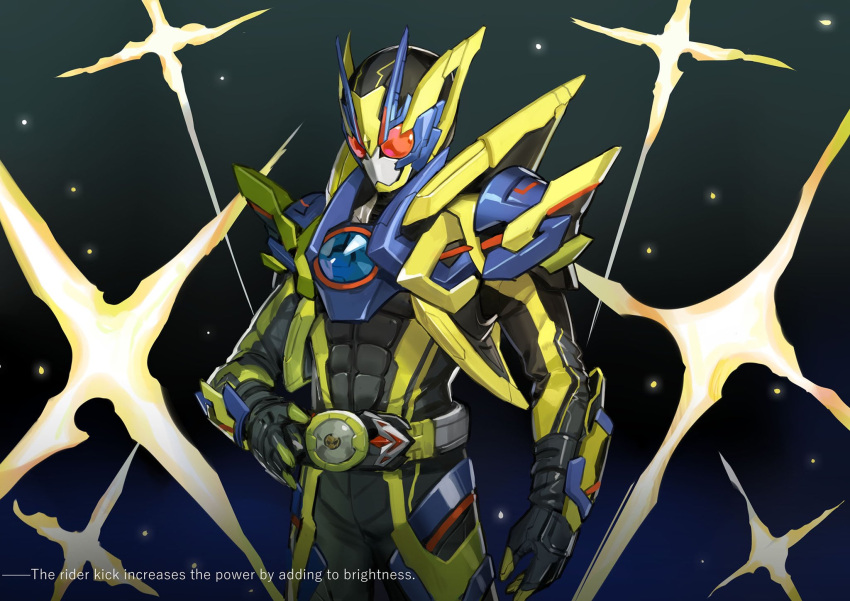 1boy, alternate_costume, antennae, armor, belt, blue_armor, bug, clenched_hand, dated, debris, finishing_move, gloves, glowing, glowing_eyes, grasshopper, green_armor, helmet, highres, jiuri_jiuhao, kamen_rider, kamen_rider_01_(series), kamen_rider_zero-one, light, lightning, male_focus, power_armor, profile, red_eyes, rider_belt, shining_assault_hopper, signature, solo, standing, thrusters, zero_one_driver
