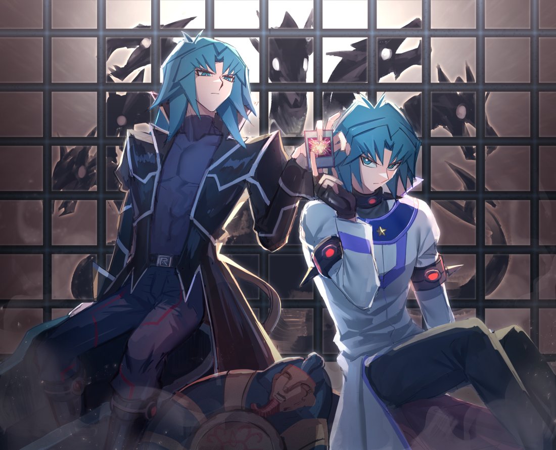 2boys, aqua_eyes, aqua_hair, bangs, bishounen, black_coat, card, chimeratech_overdragon