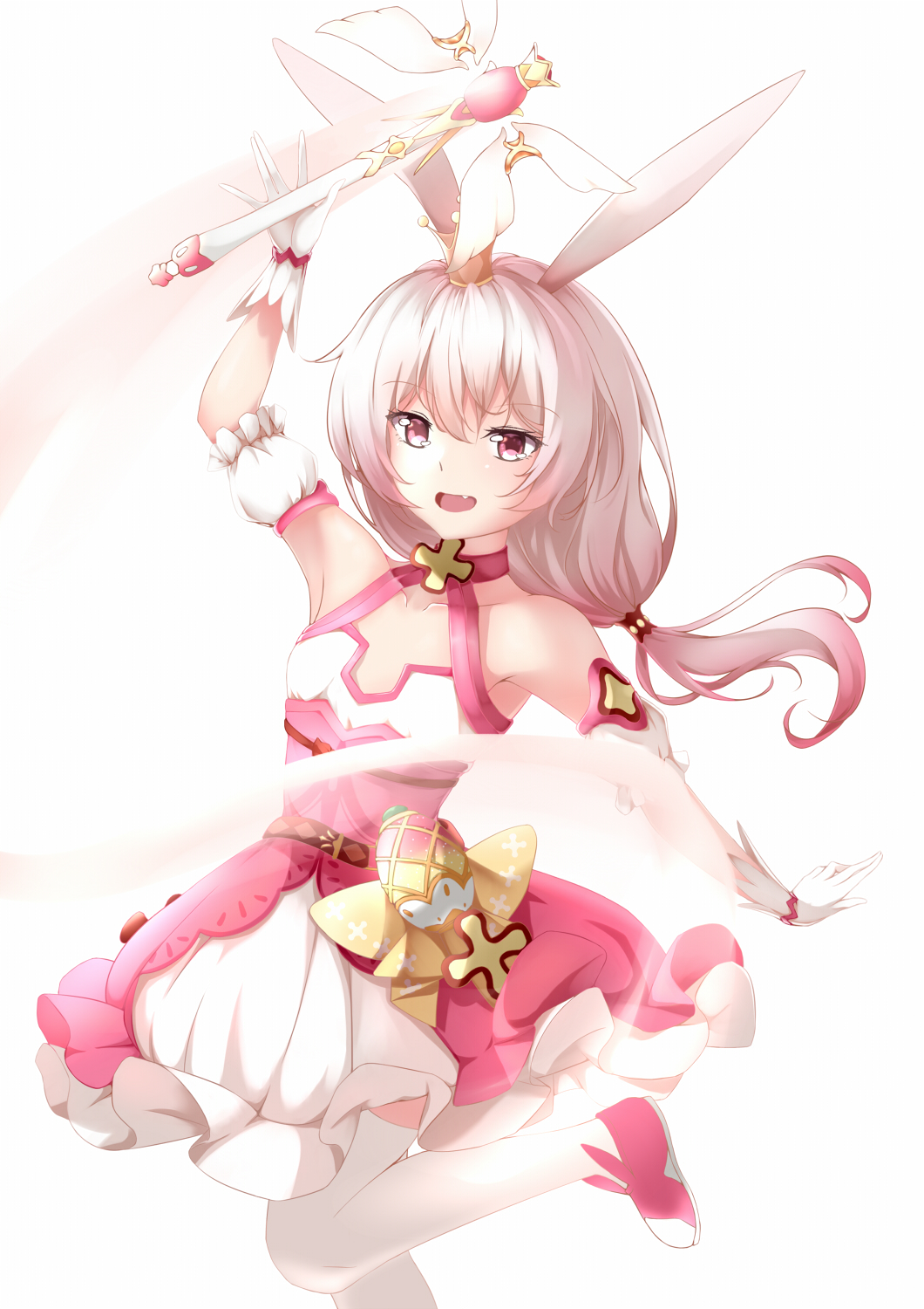 1girl, :d, animal_ears, bangs, bare_shoulders, crown, dress, fox_ears