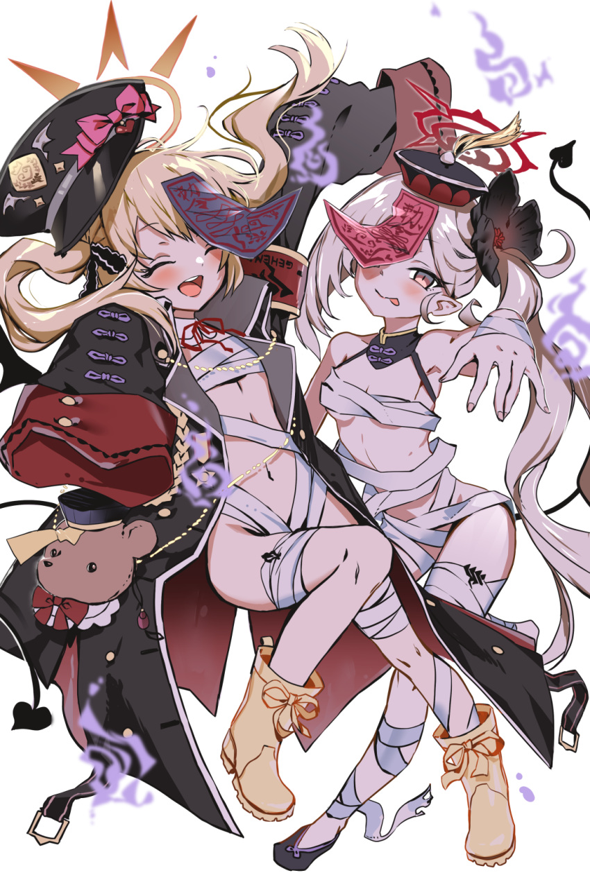 2girls, :p, bandages, blonde_hair, blue_archive, blush, breasts, commentary_request