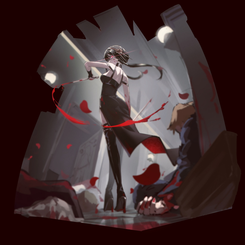 1girl, absurdres, black_dress, black_gloves, black_hair, black_legwear, blood, blood_on_face