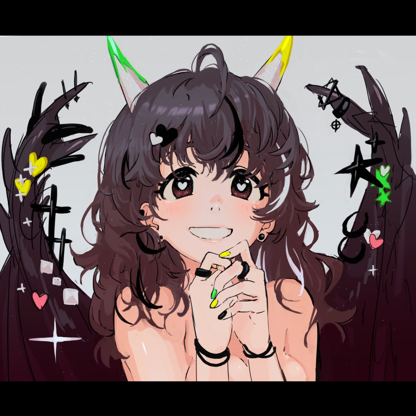 1girl, ahoge, black_hair, black_nails, blush, bracelet, brown_eyes, brown_hair