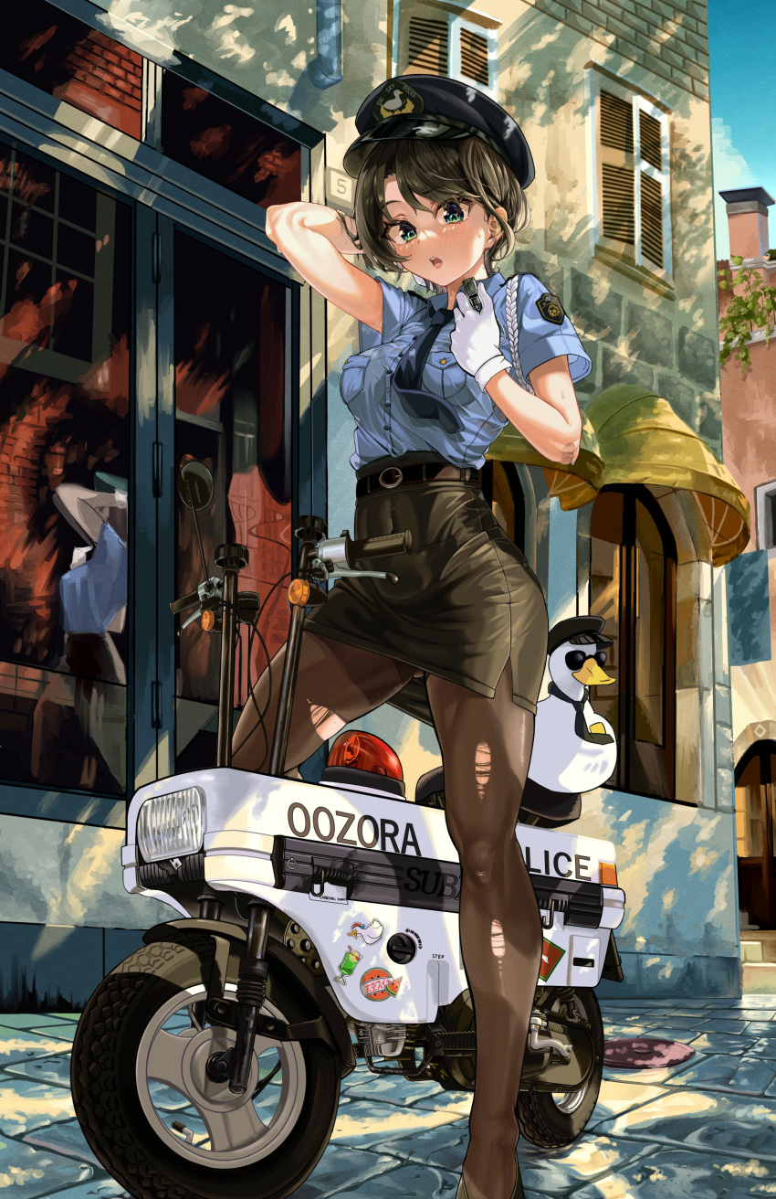 1girl, absurdres, arm_behind_head, bangs, belt, black_belt, black_hair, black_skirt