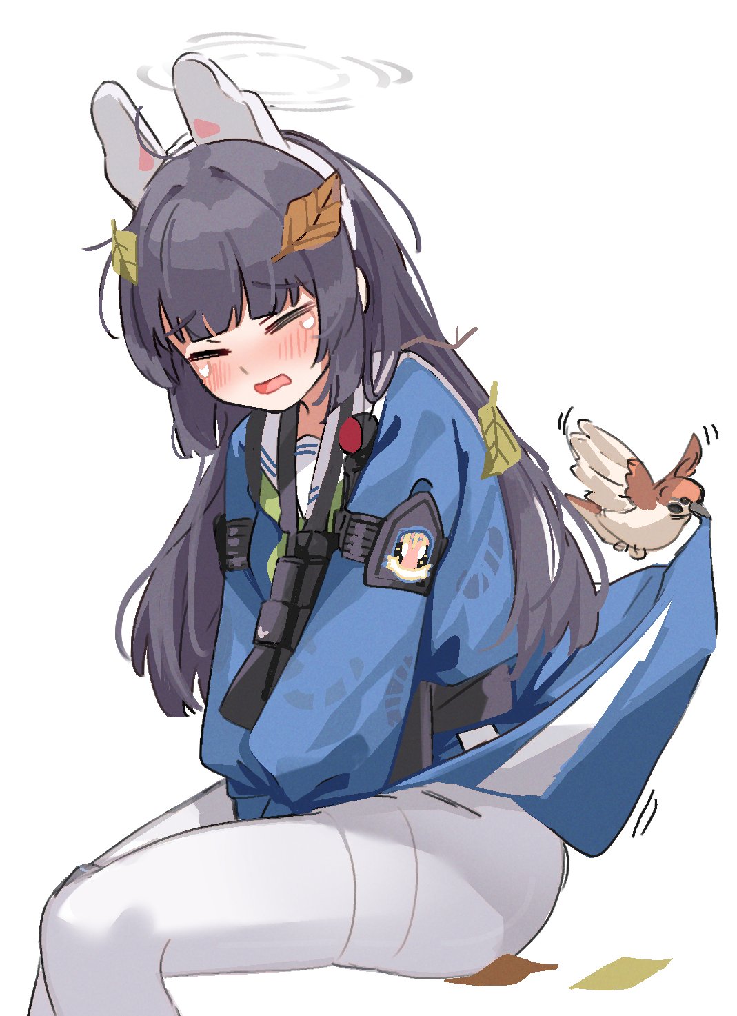 1girl, animal_ears, bangs, bird, black_hair, blue_archive, blue_shirt, blunt_bangs