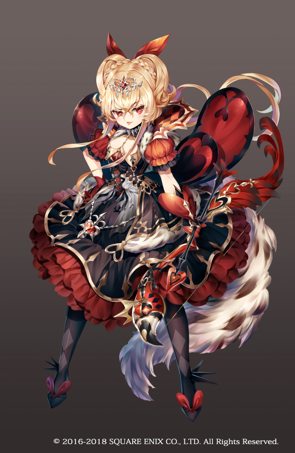 1girl, blonde_hair, bow_(weapon), brown_background, copyright, dress, frilled_dress, frills, full_body, gradient, gradient_background, grimms_notes, long_hair, low_twintails, nemusuke, official_art, queen_of_hearts_(grimms_notes), red_dress, red_eyes, ribbon, tiara, tongue, tongue_out, twintails, weapon