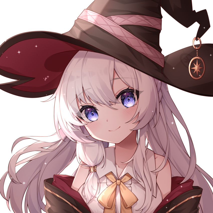 1girl, bangs, bare_shoulders, black_headwear, blue_eyes, blush, closed_mouth, collared_shirt, elaina_(majo_no_tabitabi), eyebrows_visible_through_hair, frills, hat, hat_ornament, highres, large_hat, long_hair, looking_at_viewer, majo_no_tabitabi, off_shoulder, poinia, shirt, simple_background, sleeveless, sleeveless_shirt, smile, upper_body, white_background, white_hair, white_shirt, witch_hat