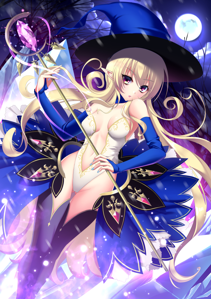 1girl, ayakichi, blonde_hair, blue_nails, breasts, elf, fingernails, full_moon