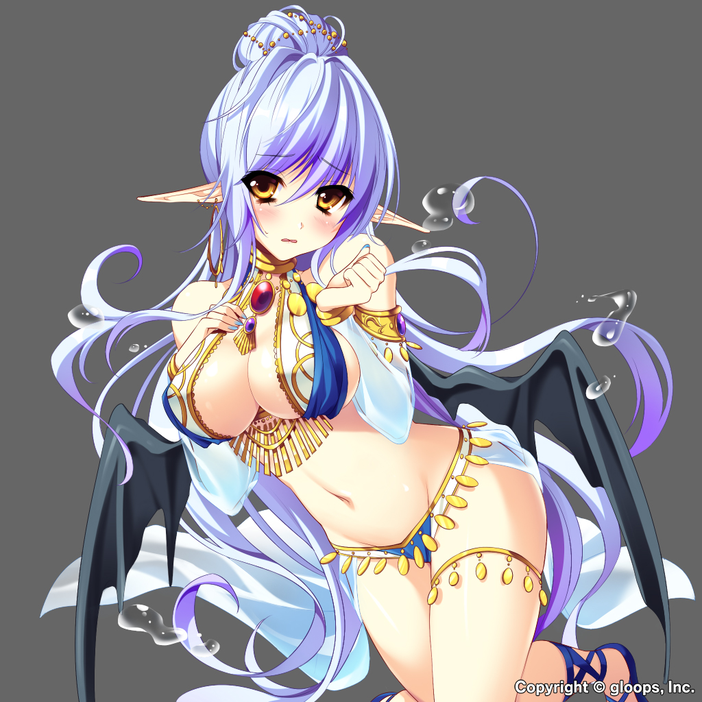 1girl, ayakichi, blue_hair, breasts, bubble, elf, embarrassed, large_breasts