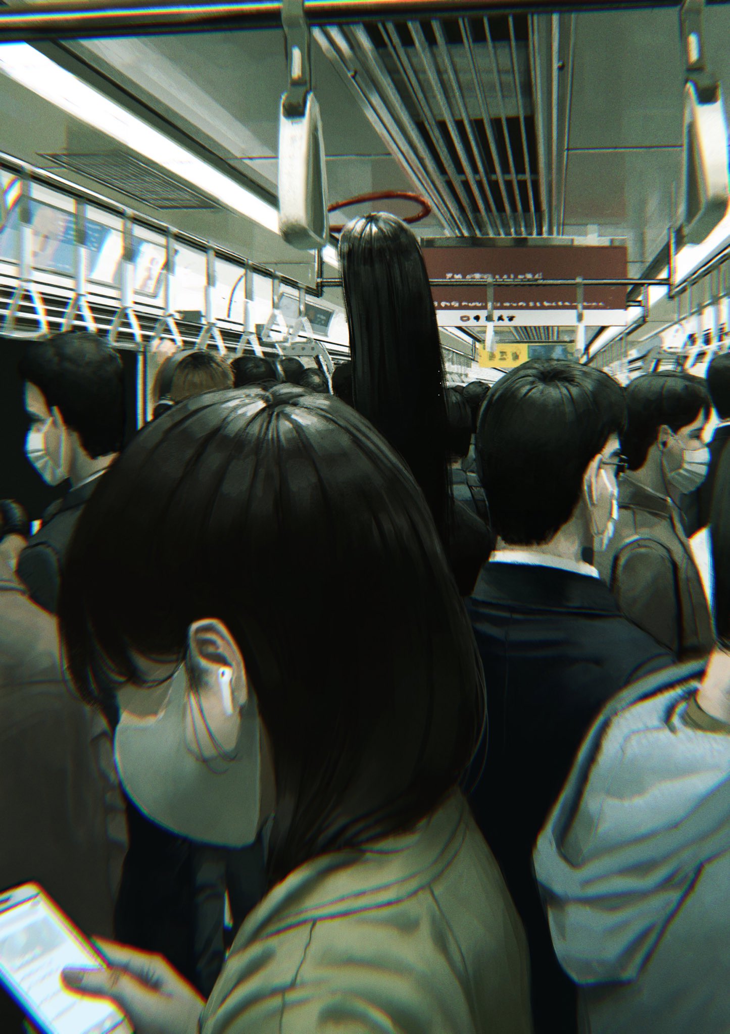 131_nngo, 1girl, 1other, 6+boys, black_hair, business_suit, cellphone, earphones