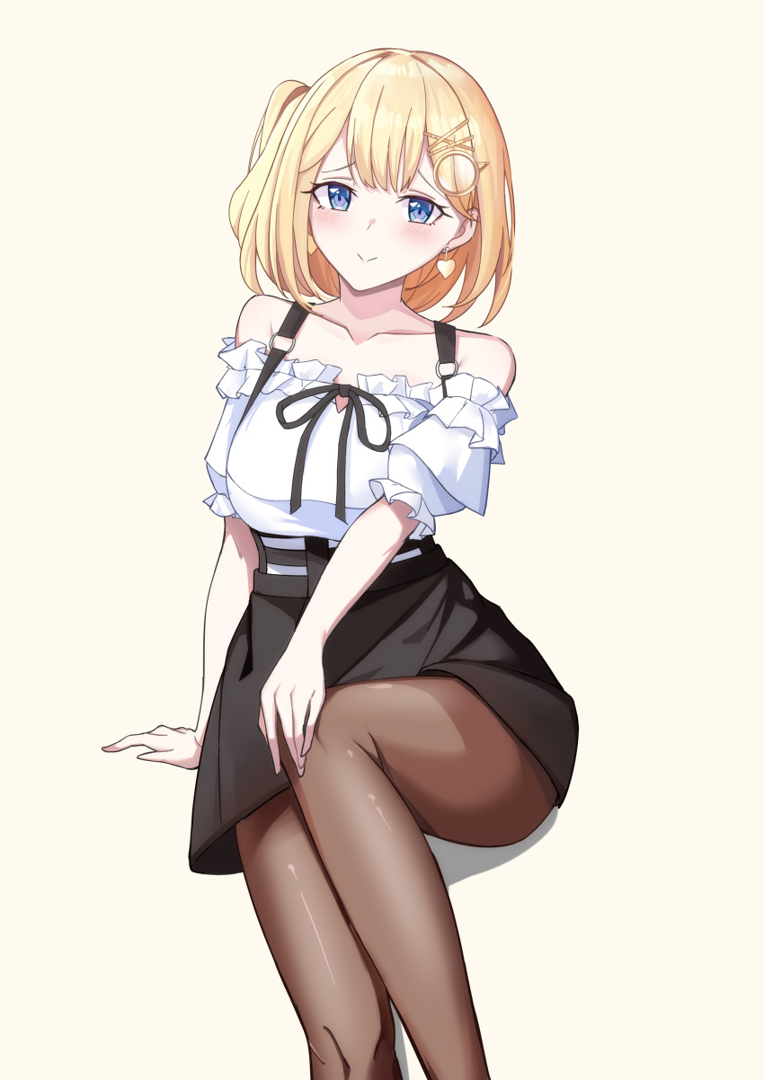 1girl, :>, absurdres, arm_behind_back, bangs, bare_shoulders, black_ribbon, black_skirt