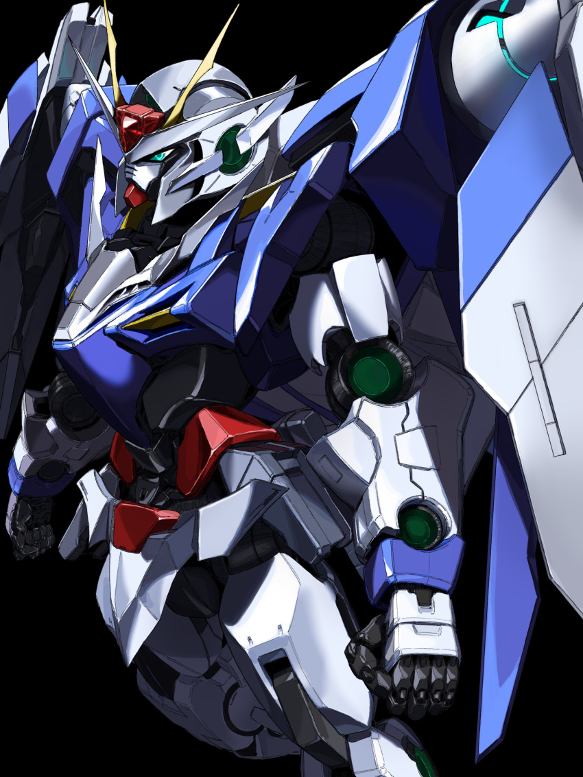 00_gundam, 00_raiser, black_background, blue_eyes, clenched_hands, gn_drive, gundam, gundam_00