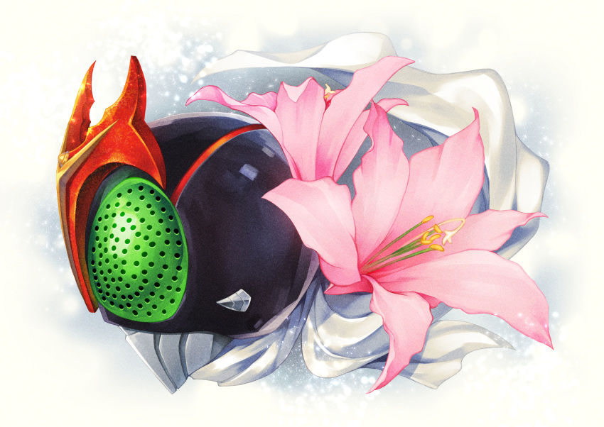 1boy, flower, from_side, green_eyes, helmet, highres, kamen_rider, kamen_rider_stronger, kamen_rider_stronger_(series), looking_ahead, male_focus, pink_flower, scarf, shapiro, solo, tokusatsu, white_background, white_scarf