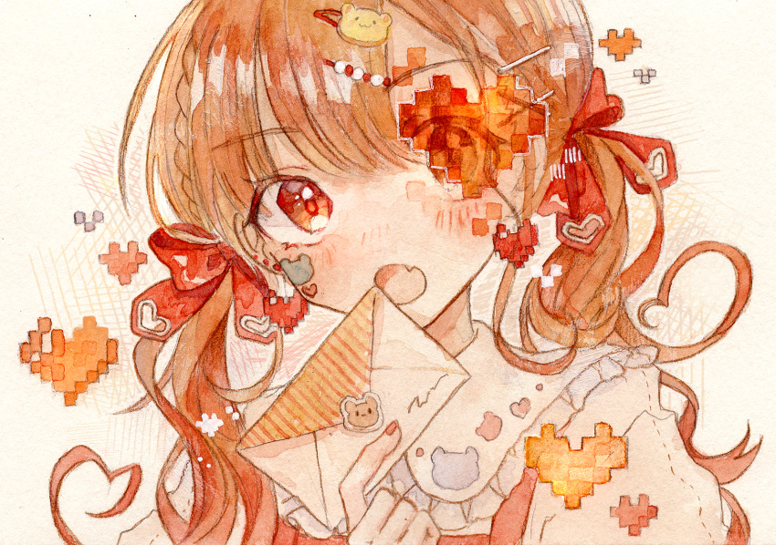 1girl, :o, bangs, bear_hair_ornament, blush, bow, braid, brown_eyes