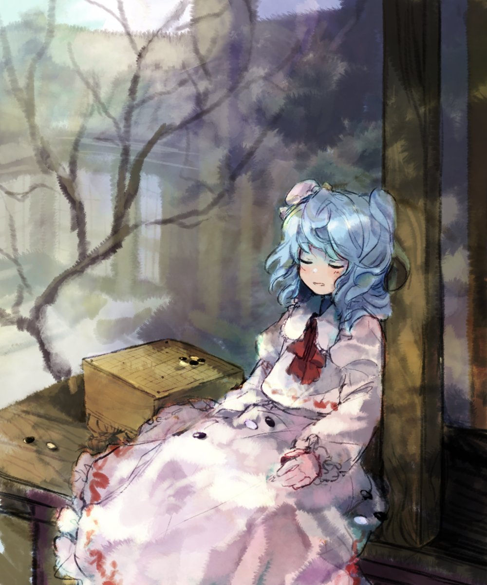 1girl, blue_hair, board_game, closed_eyes, collared_shirt, frilled_skirt, frills, go_(board_game)