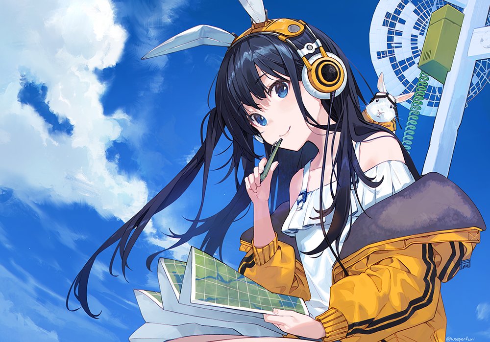 1girl, animal_ear_headphones, animal_ears, bare_shoulders, black_hair, blouse, blue_eyes, coiled_cord, headphones, jacket, long_hair, looking_at_viewer, map_(object), mechanical_pencil, nagu, off_shoulder, original, pencil, rabbit, rabbit_ears, satellite_dish, shirt, sitting, smile, solo, upper_body