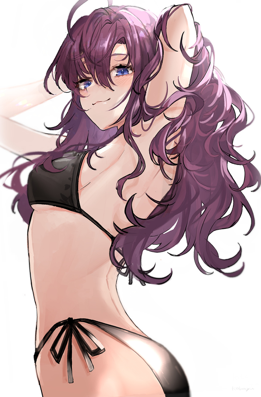 1girl, :3, aho, armpits, bikini, black_bikini, blush, hands_in_hair, highres, ichinose_shiki, idolmaster, idolmaster_cinderella_girls, kobayuu, long_hair, looking_at_viewer, messy_hair, purple_hair, side-tie_bikini, simple_background, solo, swimsuit, twisted_torso, white_background