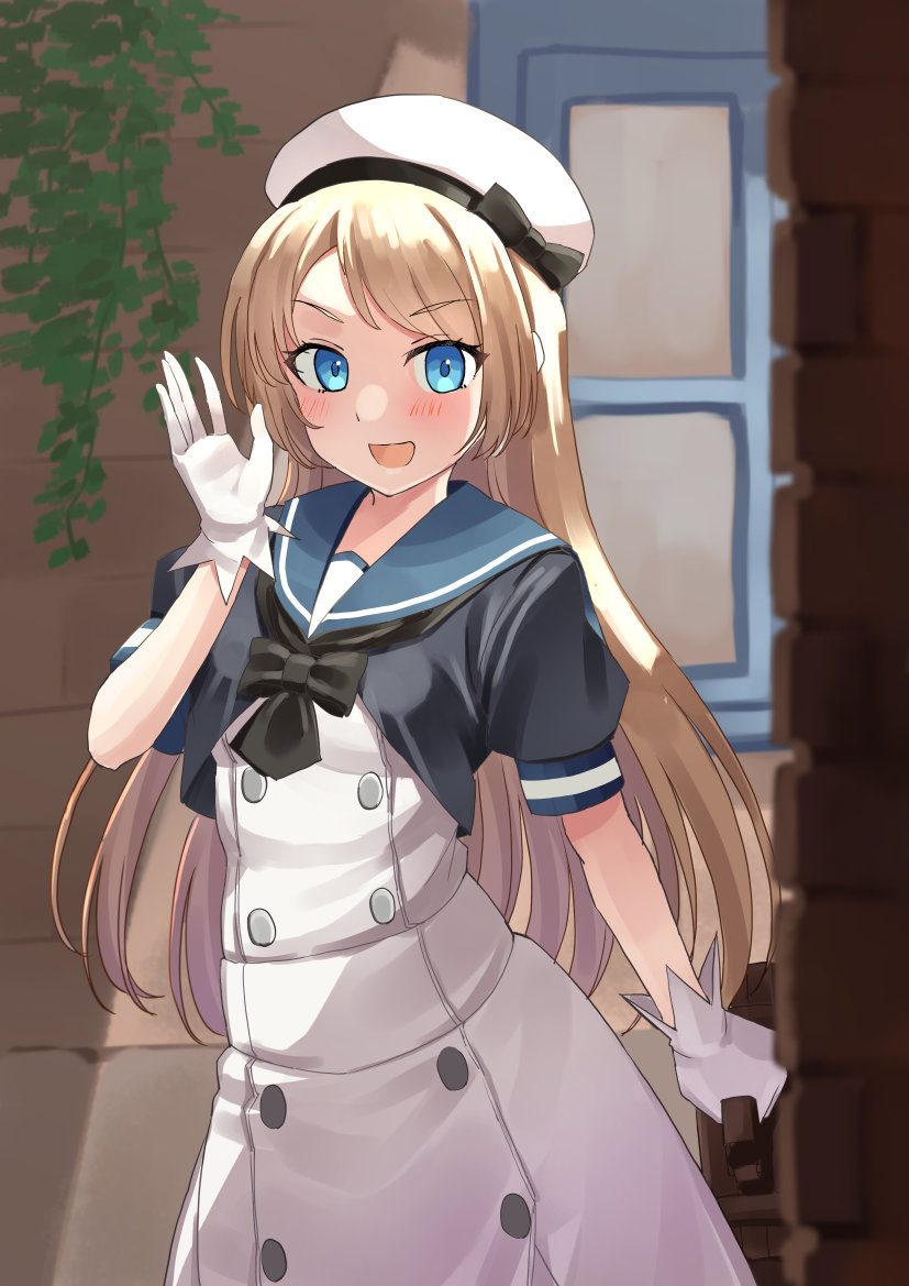 1girl, blonde_hair, blue_eyes, blue_sailor_collar, blush, dress, eyebrows_visible_through_hair, gloves, hat, jervis_(kancolle), kantai_collection, long_hair, mayura2002, open_mouth, puffy_short_sleeves, puffy_sleeves, sailor_collar, sailor_dress, sailor_hat, short_sleeves, smile, solo, upper_body, white_dress, white_gloves, white_headwear