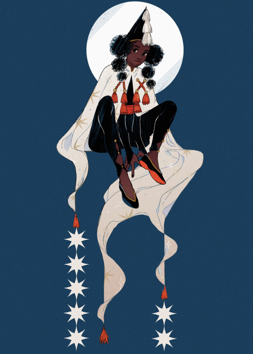 1girl, afro_puffs, black_footwear, black_hair, black_headwear, blue_background, cape, cloak