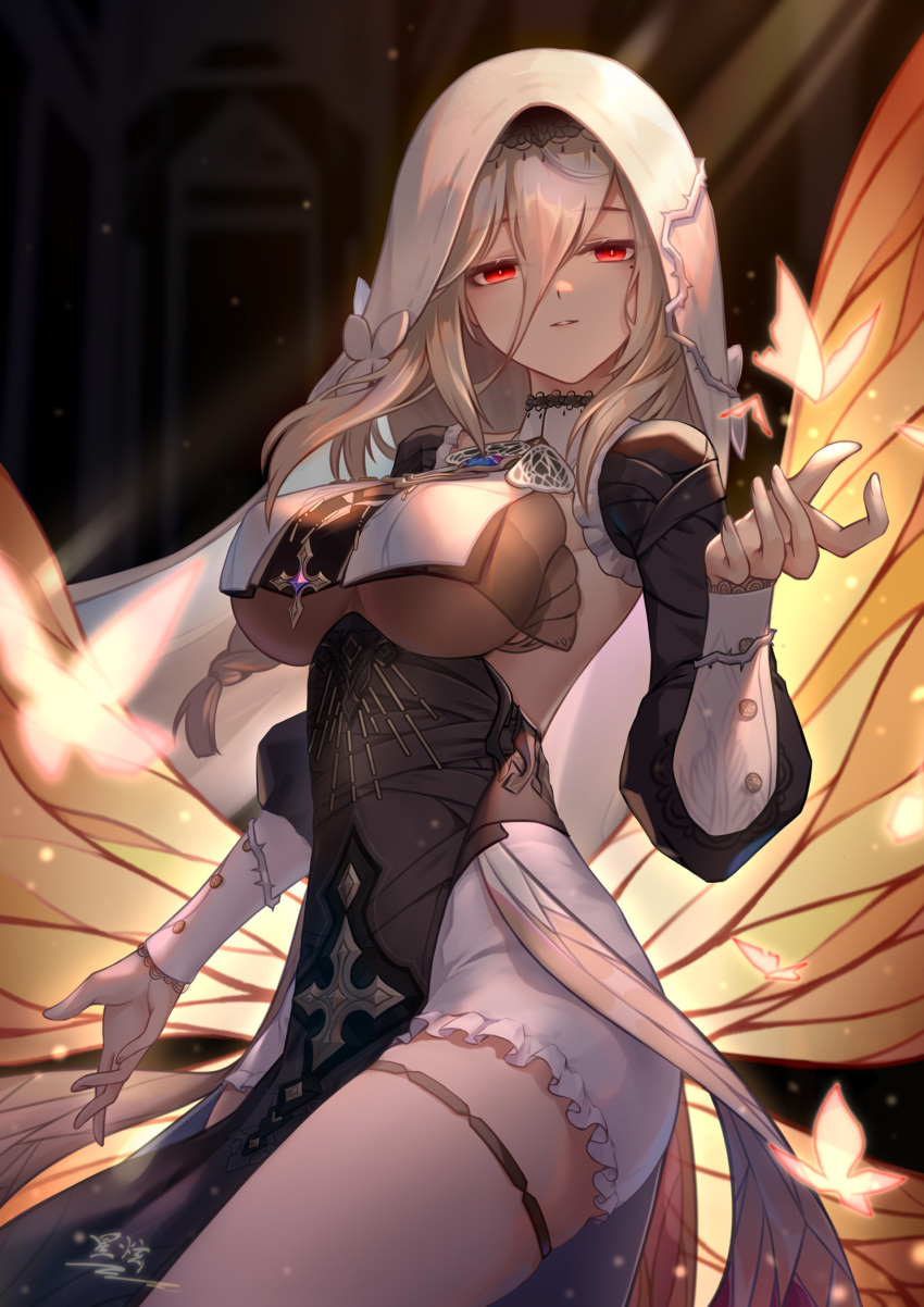 1girl, aponia_(honkai_impact), bangs, breasts, bug, butterfly, clothing_request, collar