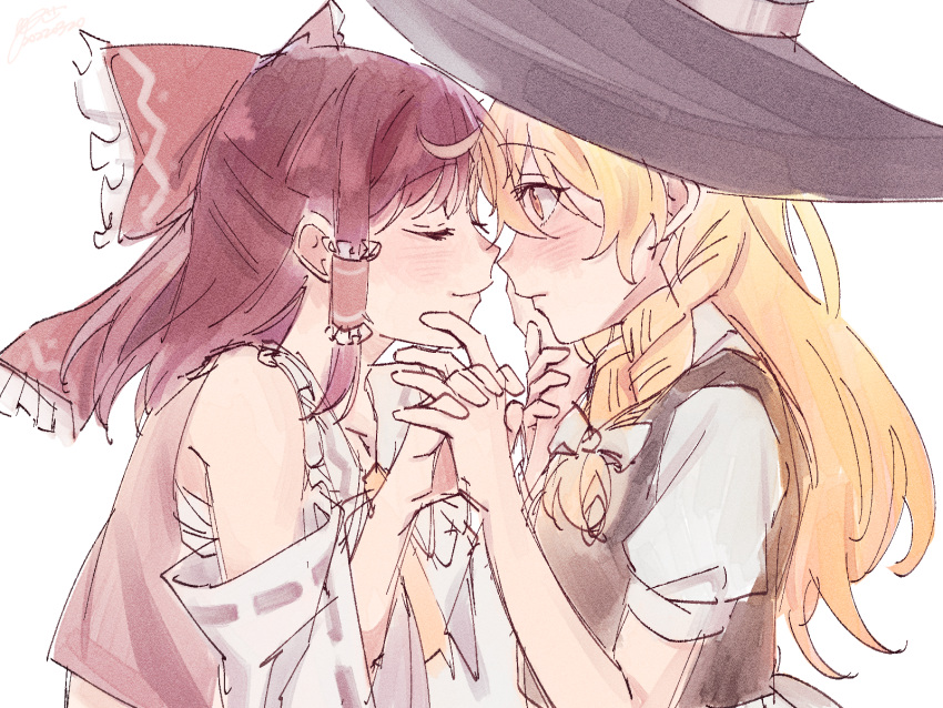 2girls, bangs, black_headwear, blonde_hair, blush, bow, braid, closed_eyes