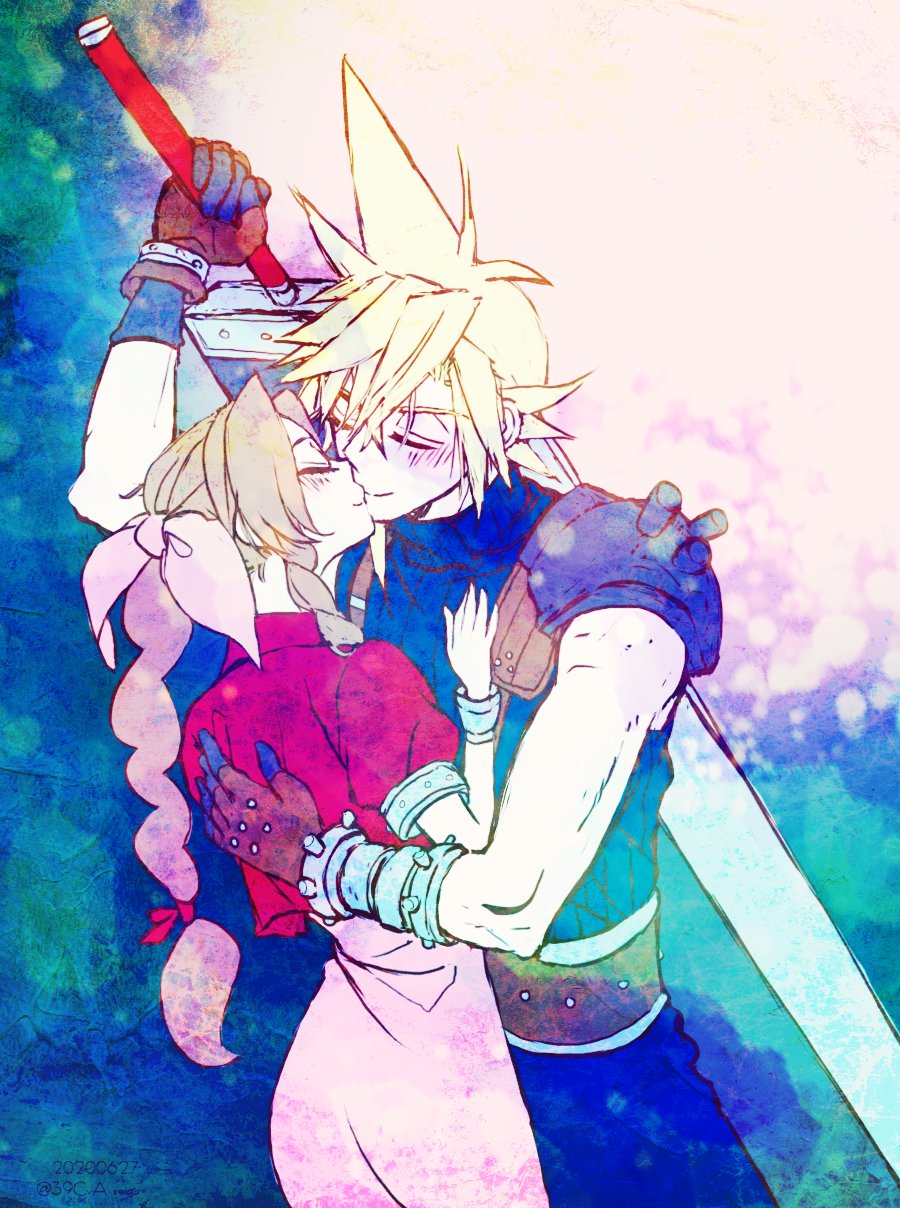 1boy, 1girl, 39cva, aerith_gainsborough, armor, asymmetrical_hair, bangs, belt