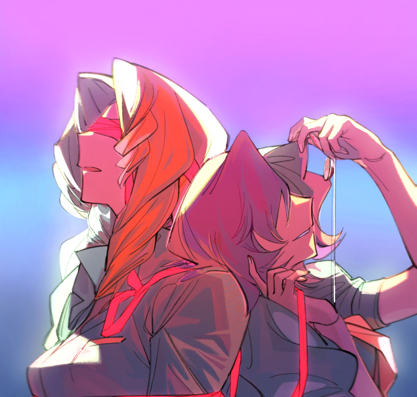2girls, arisugawa_juri, aro_uta, blindfold, blue_background, chinese_commentary, collared_shirt, commentary_request