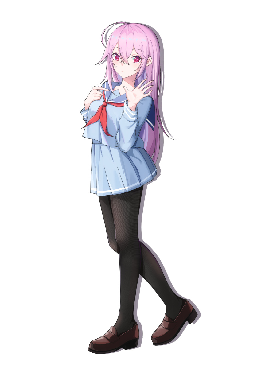 1girl, absurdres, ahoge, bangs, black_footwear, black_legwear, blouse, blue_hair
