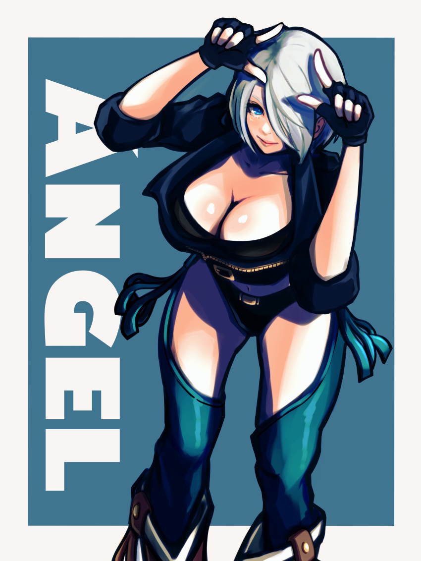 1girl, absurdres, angel_(kof), ap_cammy, black_gloves, boots, bra, breasts