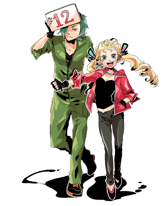 1boy, 1girl, blonde_hair, breasts, chimaki_(impressiveanarchy), denim, earrings, fingerless_gloves