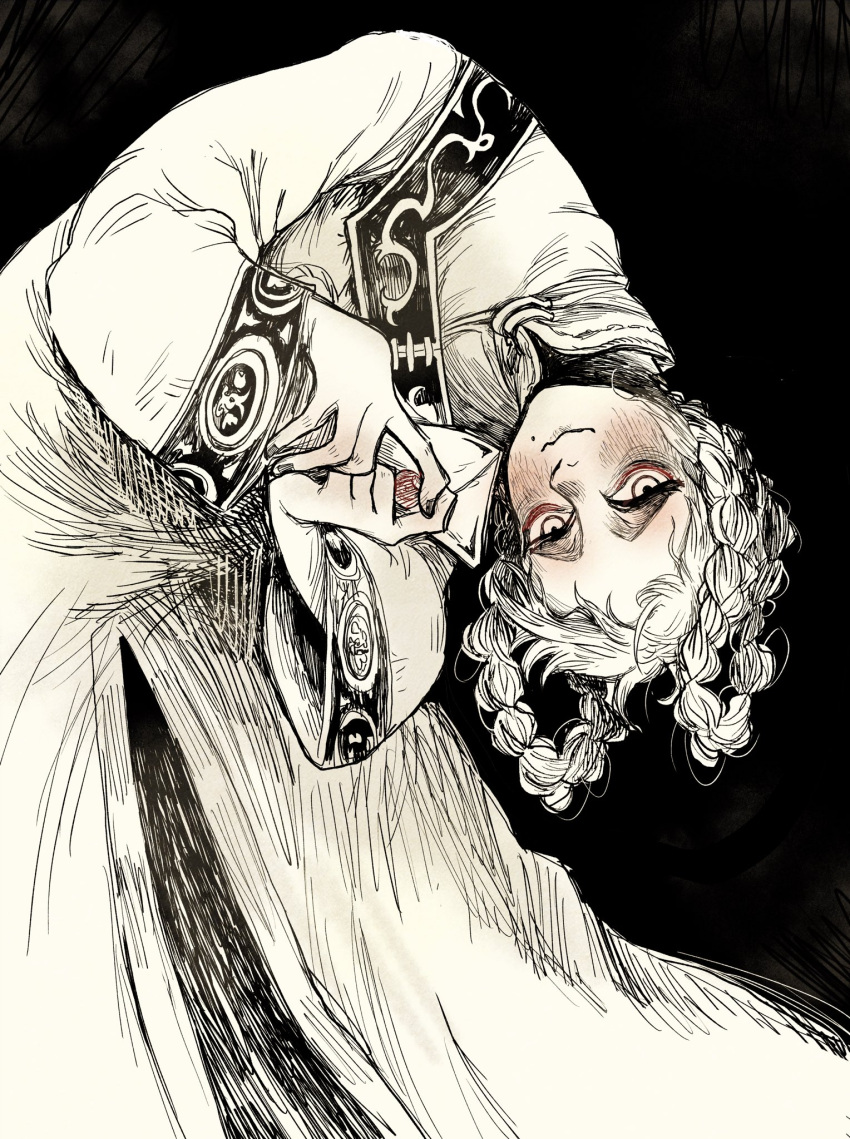 1girl, braid, closed_mouth, commentary, dress, elden_ring, english_commentary, fidgeting