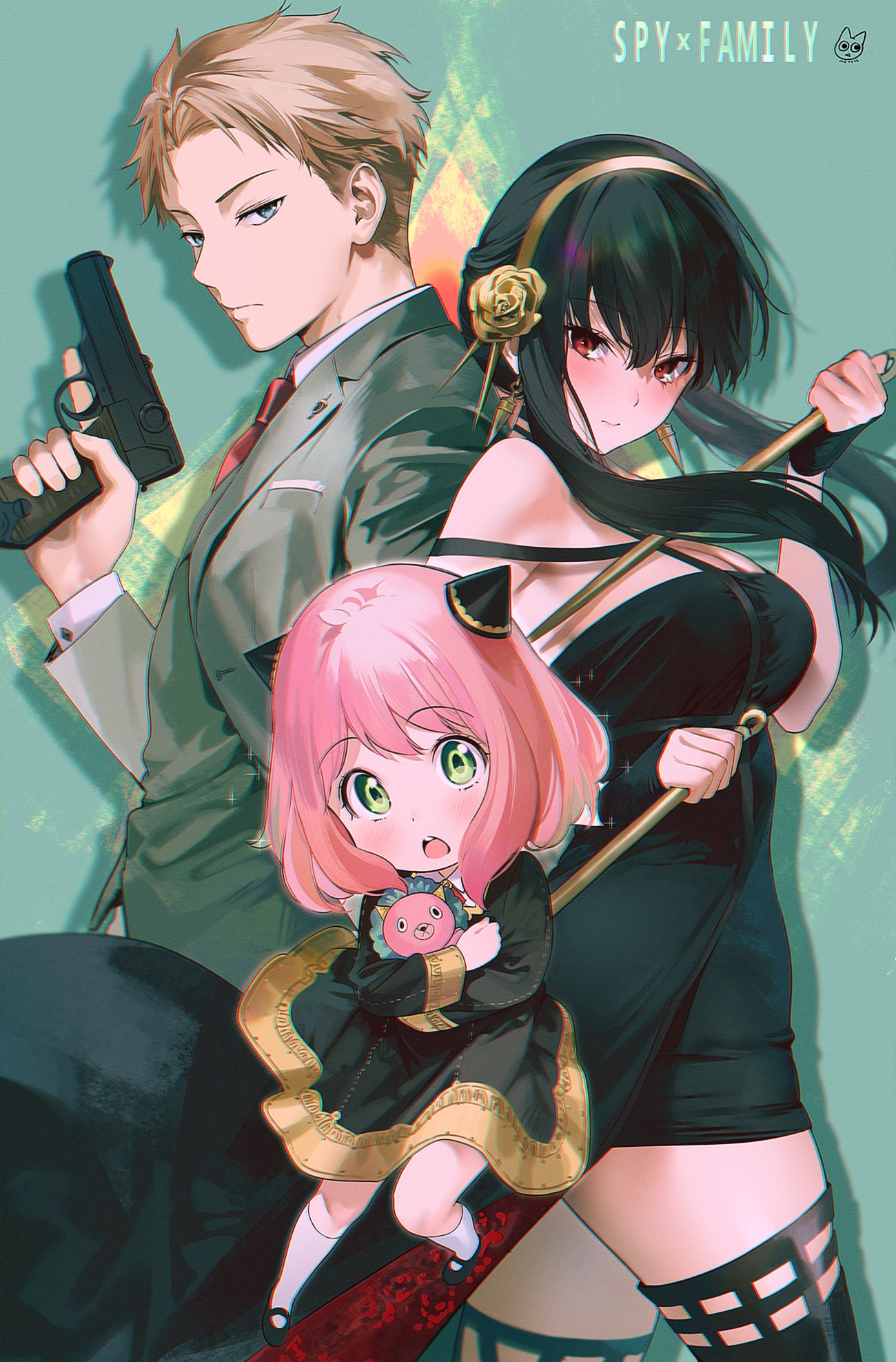1boy, 2girls, anya_(spy_x_family), doll_hug, earrings, eden_academy_uniform, gold_earrings, gold_hairband