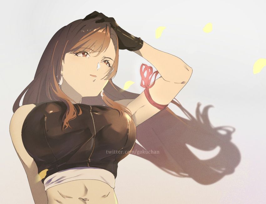 1girl, abs, arm_behind_back, arm_ribbon, asymmetrical_bangs, bangs, black_gloves, black_shirt