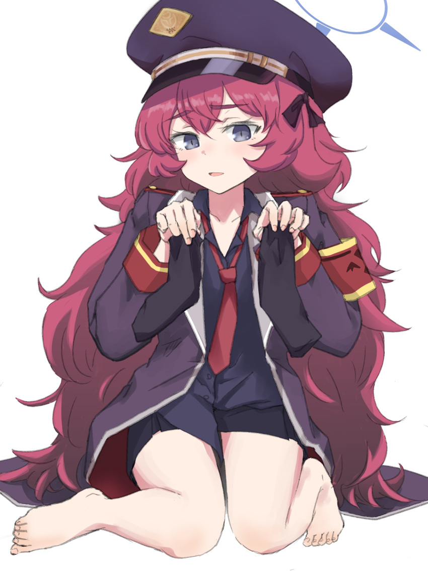 1girl, absurdres, armband, artist_request, barefoot, black_legwear, black_shirt, blue_archive