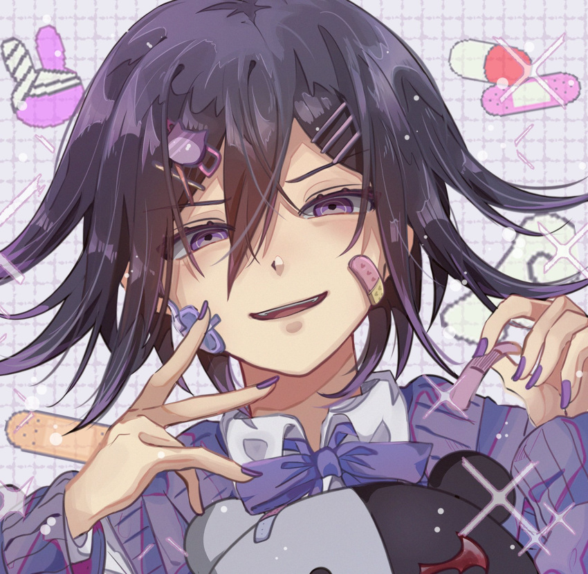 1boy, alternate_costume, bandaid, bandaid_on_cheek, bandaid_on_face, bangs, black_hair, blue_bow, blue_bowtie, bow, bowtie, collared_shirt, danganronpa_(series), danganronpa_v3:_killing_harmony, flipped_hair, hair_between_eyes, hair_ornament, hairclip, hands_up, highres, male_focus, meosjinjasig, monokuma, multicolored_hair, nail_polish, ouma_kokichi, pill, pink_nails, portrait, shirt, smile, solo, teeth, two-tone_hair, upper_teeth