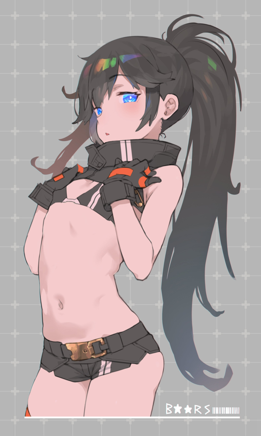1girl, absurdres, bangs, bikini, bikini_top_only, black_bikini, black_gloves, black_hair, black_rock_shooter, black_rock_shooter:_dawn_fall, black_rock_shooter_(character), black_shorts, blue_eyes, blush, breasts, collagen, commentary_request, copyright_name, eyebrows_visible_through_hair, gloves, highres, long_hair, looking_at_viewer, midriff, parted_lips, ponytail, short_shorts, shorts, sidelocks, simple_background, small_breasts, solo, swimsuit, very_long_hair