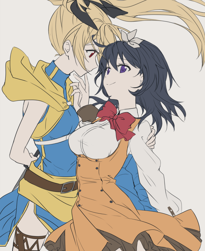 2girls, arm_behind_back, belt, black_hair, black_ribbon, dagger, dress, flower, hand_on_another's_shoulder, hidden_blade, holding, holding_dagger, holding_weapon, holster, knife, looking_at_another, menou_(virgin_road), multiple_girls, orange_dress, ponytail, r_reah53, red_eyes, ribbon, shirt, shokei_shoujo_no_virgin_road, smile, thigh_holster, tokitou_akari, turtleneck_dress, underbust, violet_eyes, weapon, white_flower, yuri