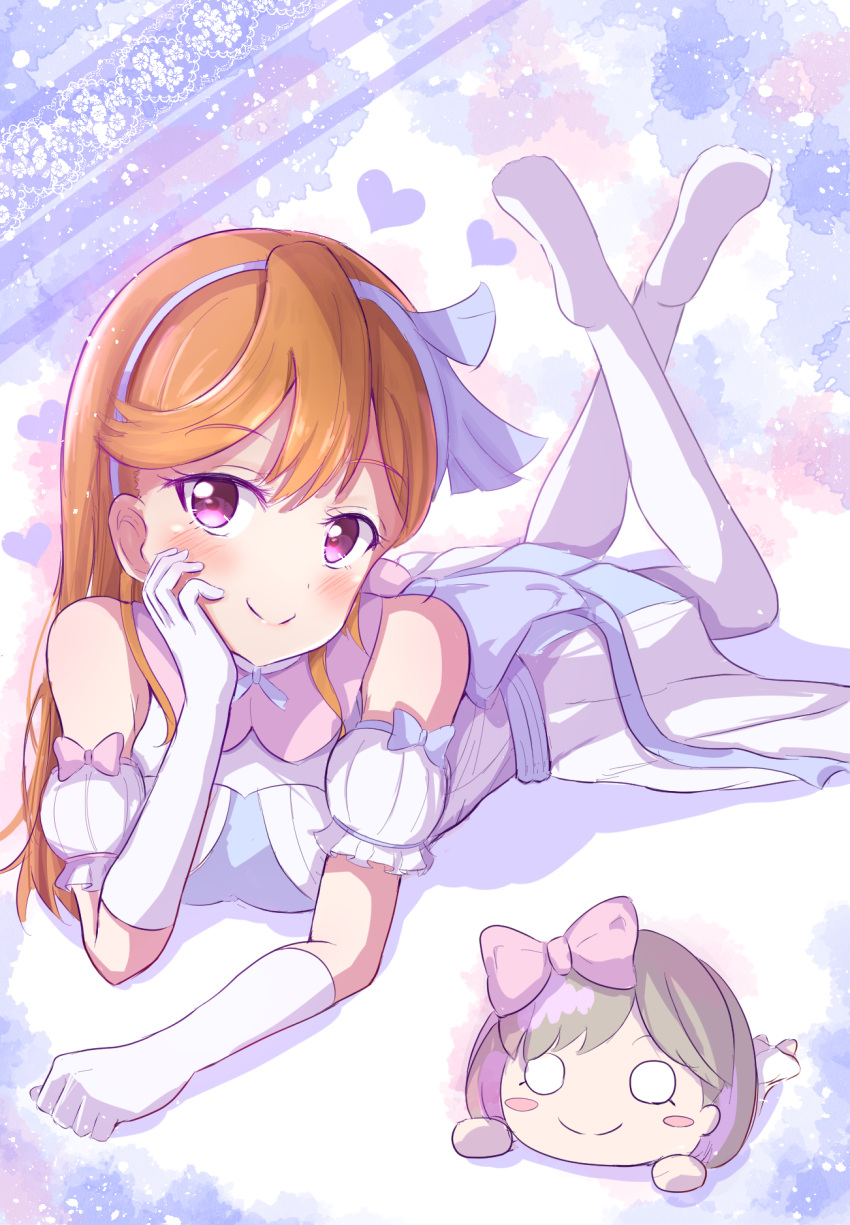1girl, bangs, birthday, blush, commentary, elbow_gloves, eyebrows_visible_through_hair, gloves, hairband, heart, highres, hogetdhoge, long_hair, looking_at_viewer, love_live!, love_live!_superstar!!, nesoberi, orange_hair, shibuya_kanon, solo, tang_keke, thigh-highs, tiny_stars, violet_eyes, white_gloves, white_legwear