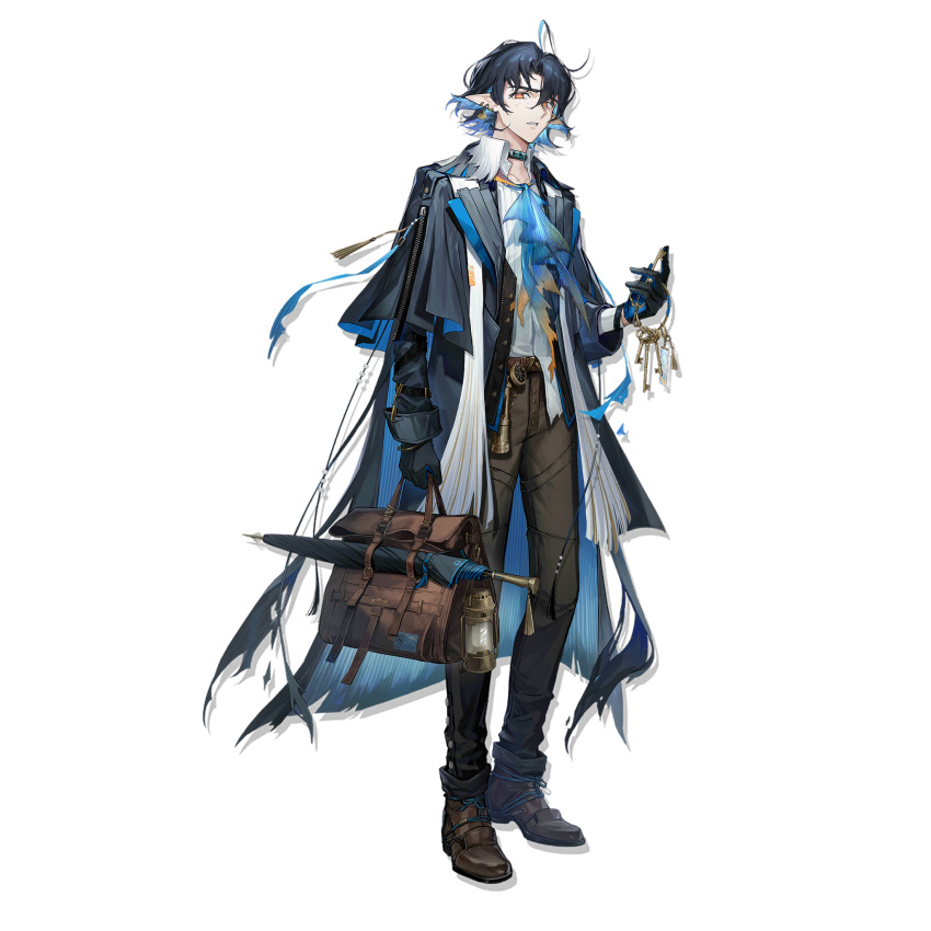 1boy, arknights, ascot, bag, bangs, black_coat, black_footwear, black_hair, black_pants, blue_ascot, blue_hair, closed_umbrella, coat, colored_inner_hair, full_body, hair_between_eyes, highres, holding, holding_bag, kang_yiqian_(self_cultivation), long_sleeves, looking_at_viewer, lumen_(arknights), male_focus, multicolored_hair, official_art, open_clothes, open_coat, orange_eyes, pants, parted_lips, pointy_ears, shirt, shoes, short_hair, solo, standing, transparent_background, umbrella, white_shirt