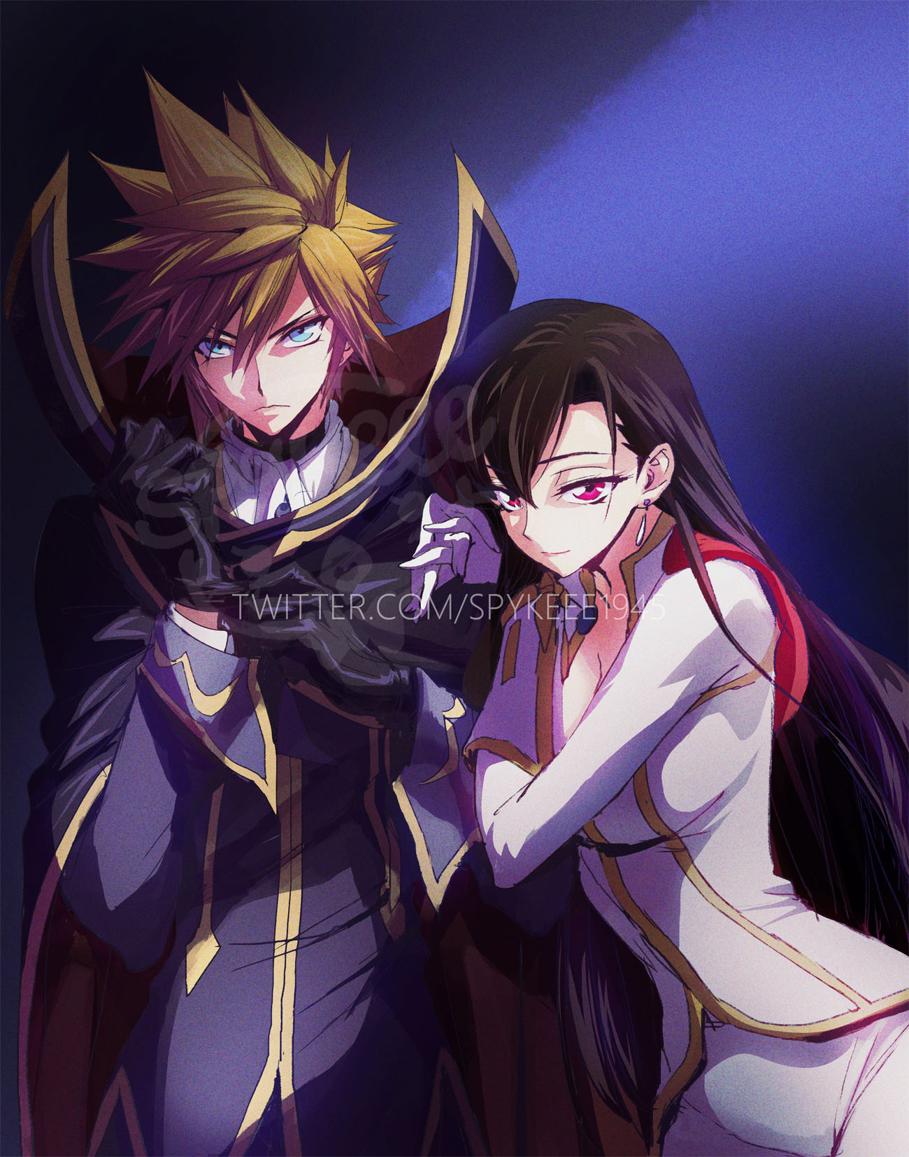 1boy, 1girl, black_gloves, black_hair, blonde_hair, blue_eyes, breasts, c.c.