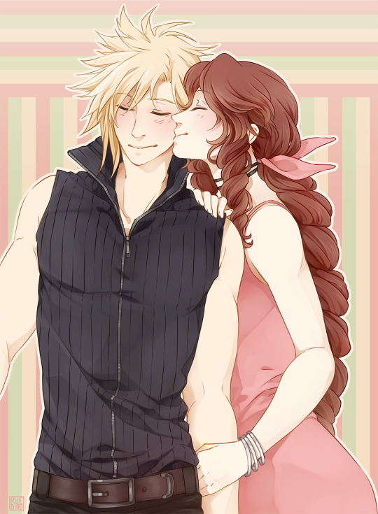 1boy, 1girl, aerith_gainsborough, asymmetrical_hair, bare_arms, belt, black_pants, black_shirt