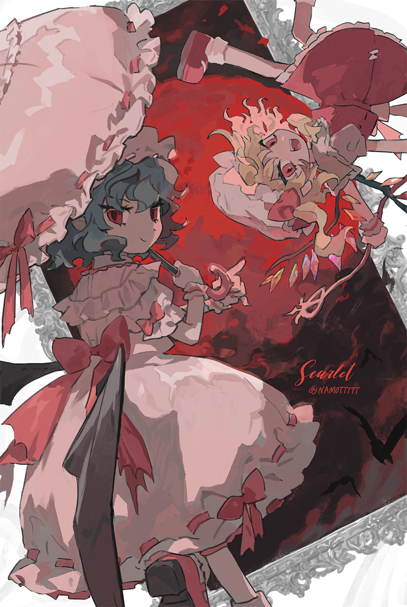 2girls, blonde_hair, blue_hair, flandre_scarlet, looking_at_viewer, looking_back, multiple_girls, namot, open_mouth, parasol, petite, pink_headwear, red_eyes, remilia_scarlet, siblings, sisters, smile, touhou, umbrella, white_headwear, wings