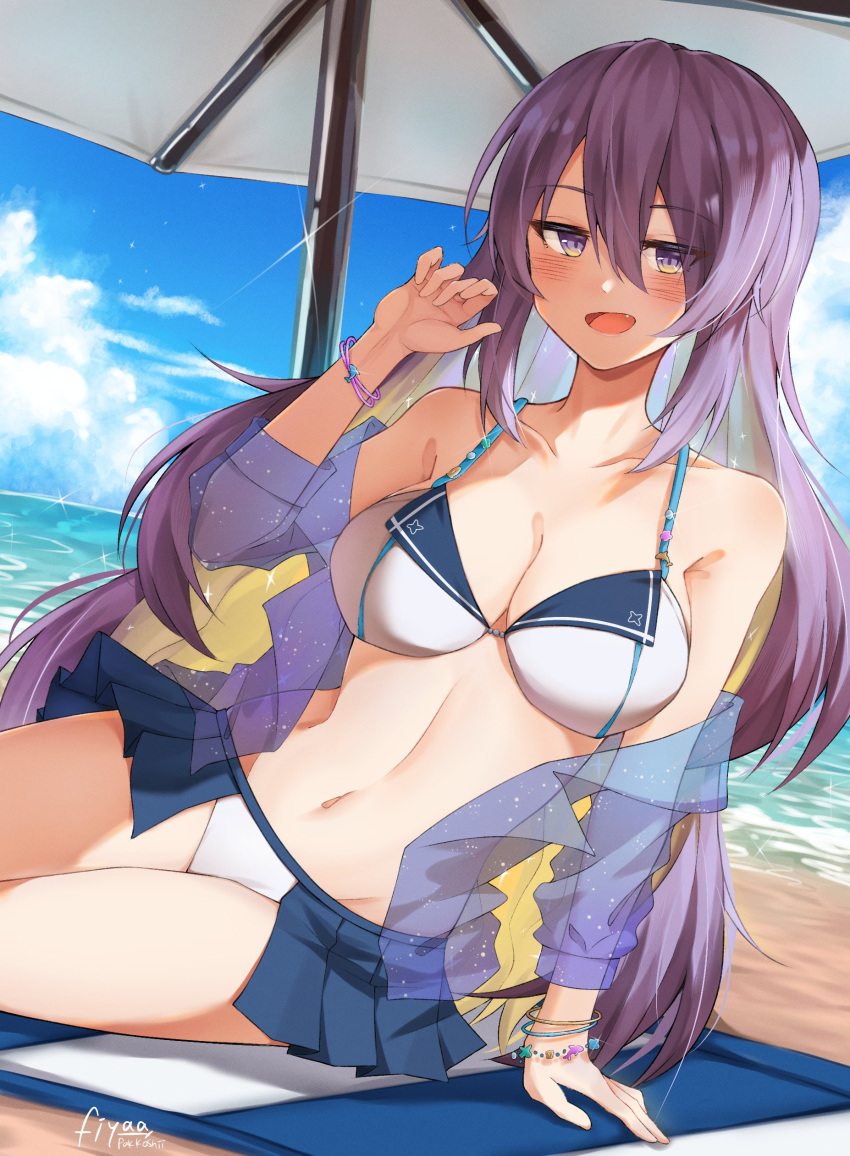 1girl, absurdres, beach_towel, beach_umbrella, bikini, bikini_skirt, bracelet, breasts, fang, fiyaa_(pakkoshii), highres, hololive, hololive_indonesia, jewelry, large_breasts, long_hair, moona_hoshinova, navel, ocean, purple_hair, see-through, signature, swimsuit, towel, umbrella, violet_eyes, virtual_youtuber