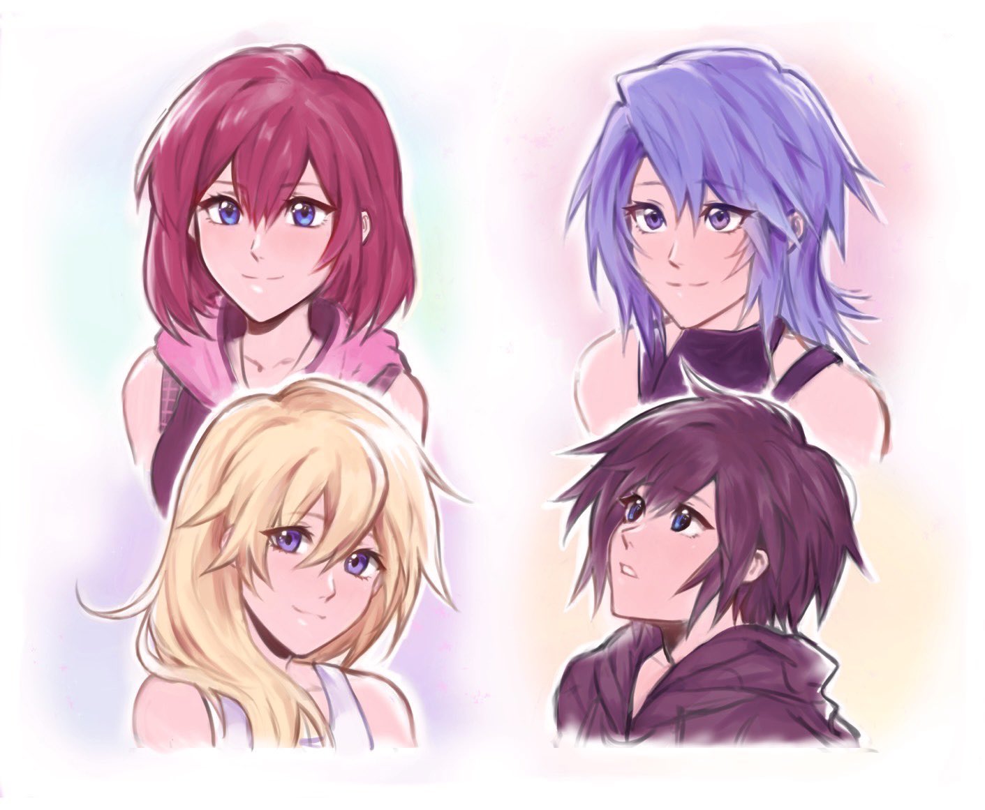 4girls, aqua_(kingdom_hearts), black_cloak, black_hair, black_shirt, blonde_hair, blue_eyes, blue_hair