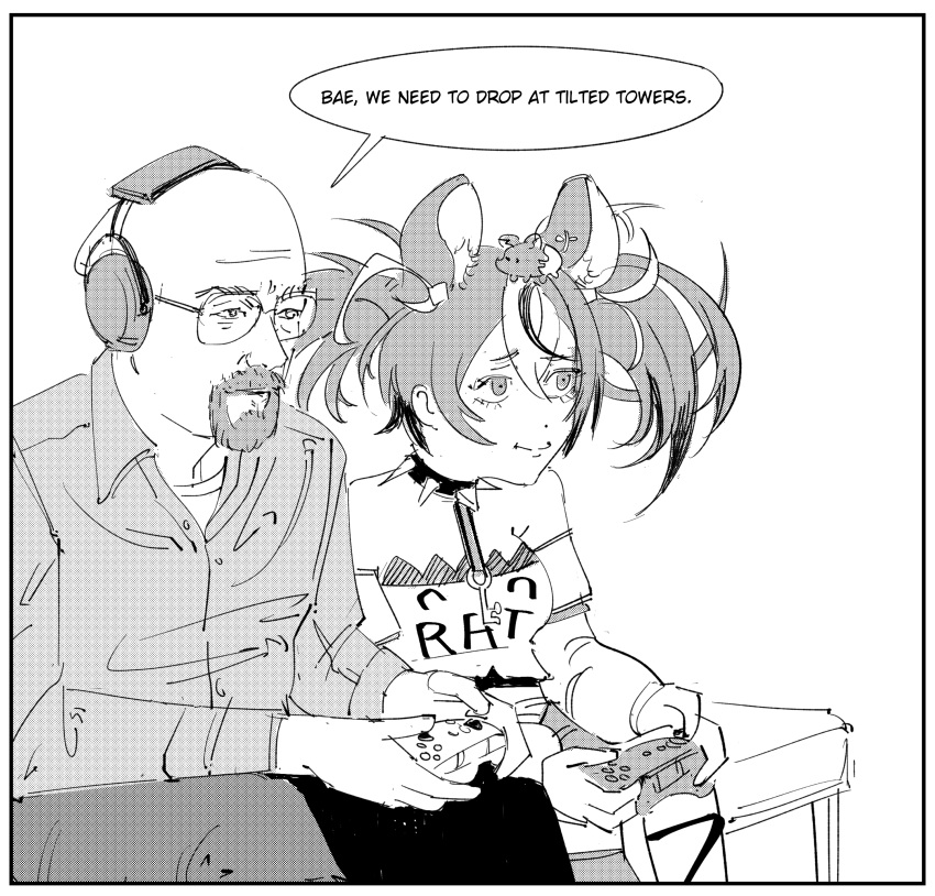 1boy, 1girl, absurdres, animal_ears, bald, bare_shoulders, beard, bed