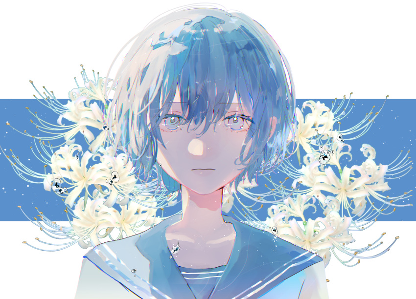 1girl, absurdres, bangs, blue_eyes, blue_hair, blue_sailor_collar, flower, hagimorijia