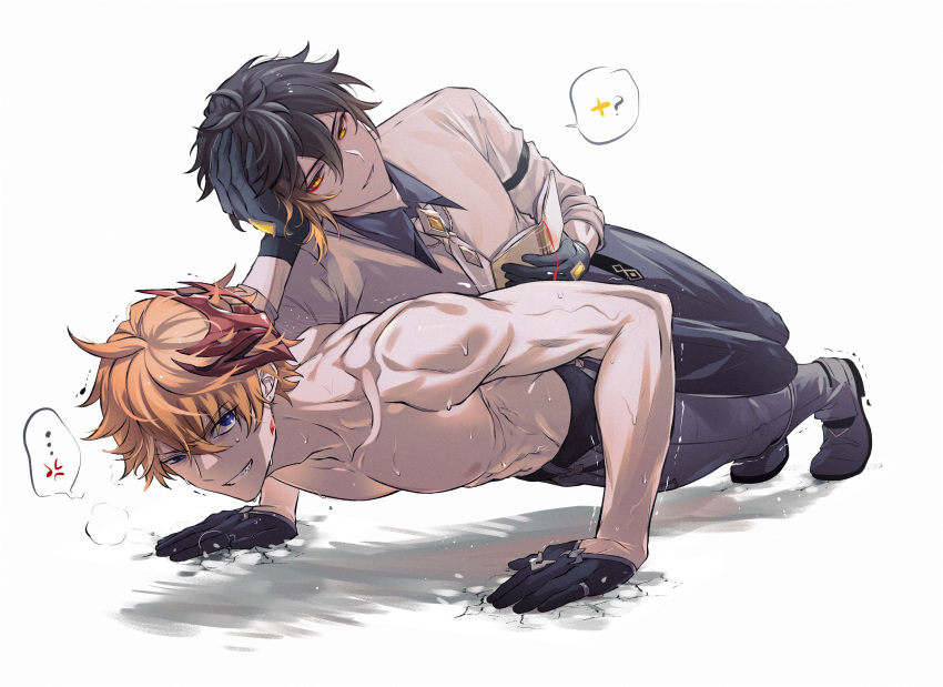 2boys, absurdres, anger_vein, bangs, black_gloves, black_hair, black_pants, blue_eyes