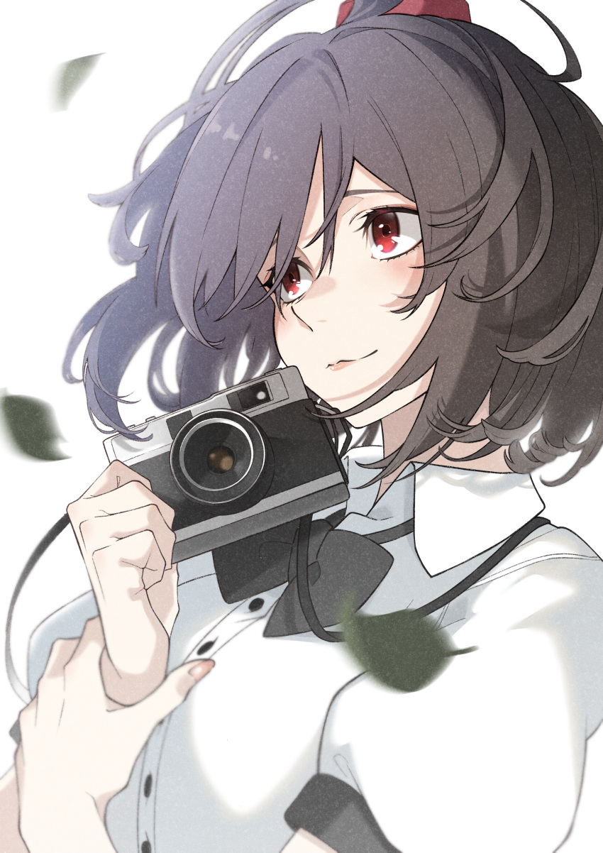 1girl, absurdres, bangs, black_bow, black_bowtie, black_hair, blush, bow